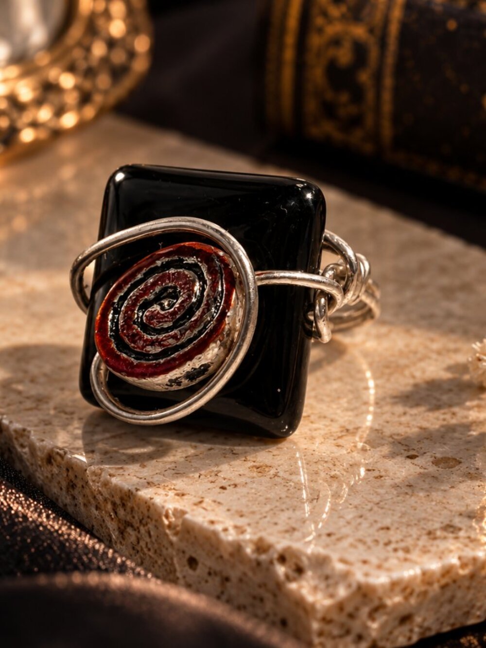 Handcrafted Wire Wrapped Black Glass & Swirl Accent Statement Ring